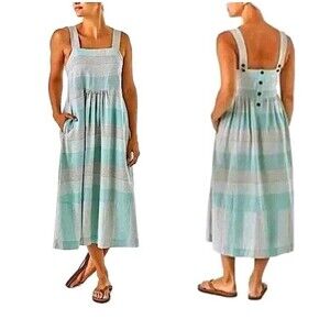 Patagonia Garden Island Hemp Blend Blue Striped Dress Pockets Buttoned Small S